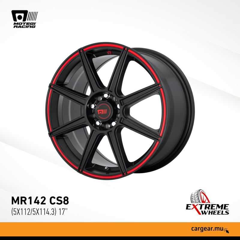 MOTEGI Racing Wheels - 17'' MR142 CS8 Satin Black w/ Red Stripe (5X112/5X114.3)
